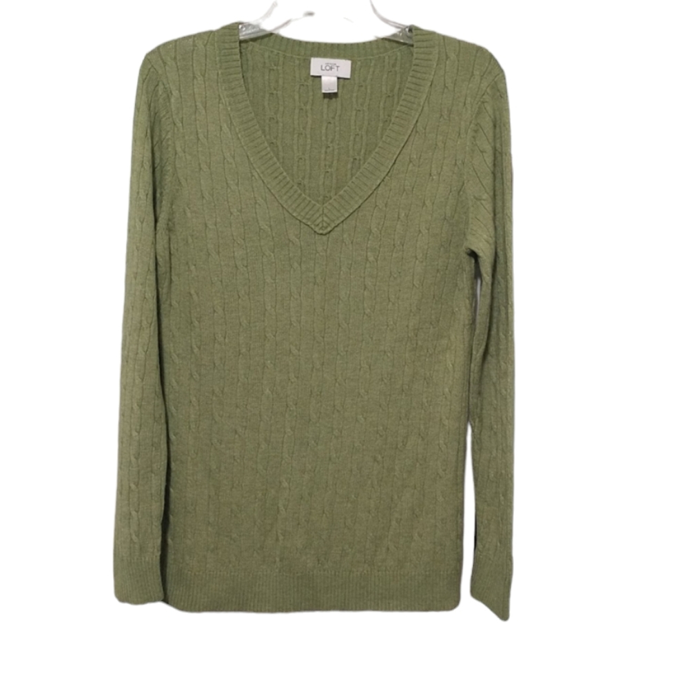 Green Loft V Neck Cable Knit Sweater Large